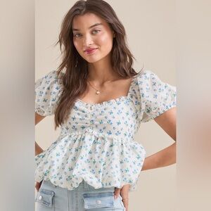 Altar’d State Sweet Blue Floral Puff-Sleeve Peplum Top